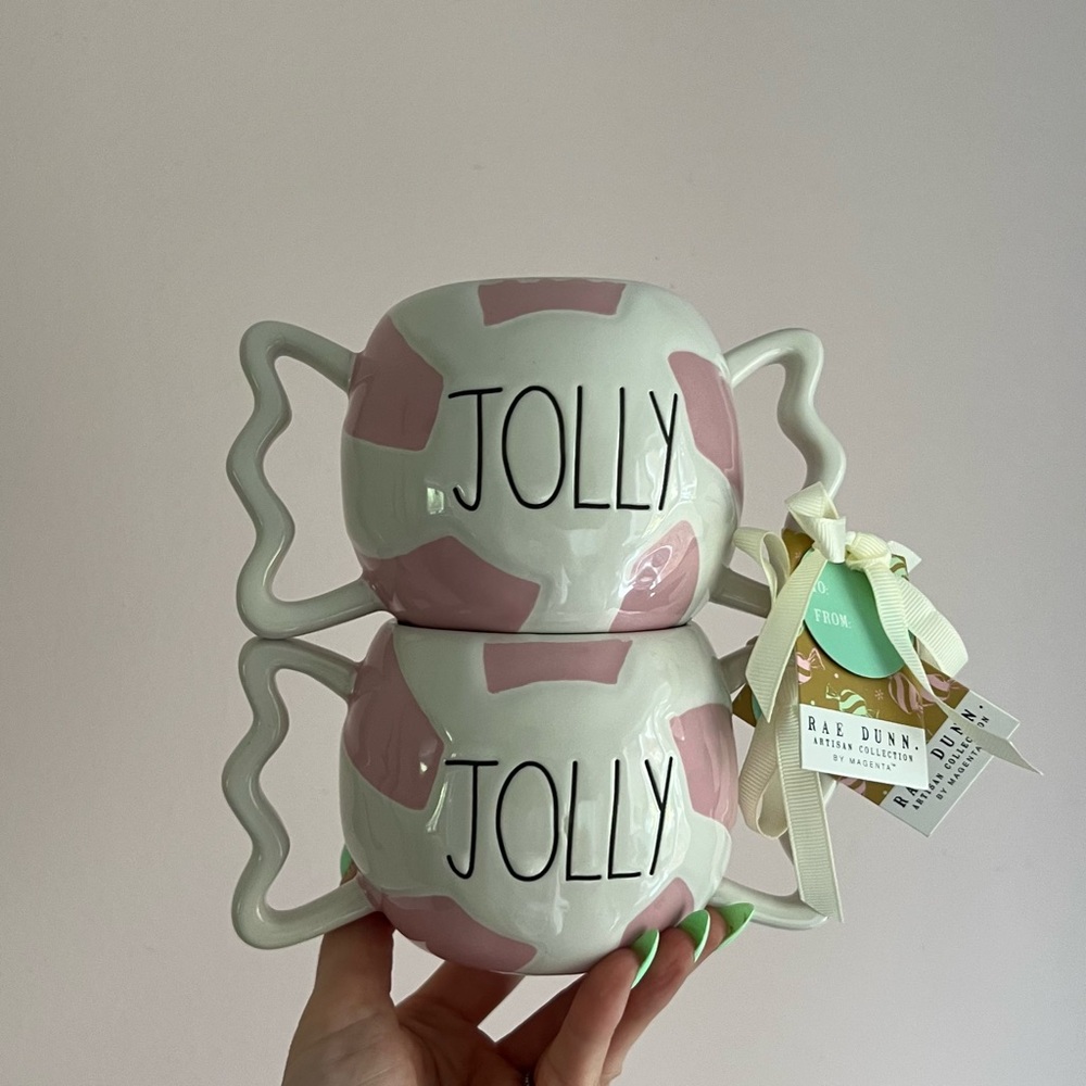 Rae Dunn Pink and White Jolly Mugs, Christmas mugs